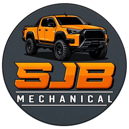 SJB Mechanical logo — round graphite badge with an orange 4WD ute above the SJB monogram and the word Mechanical